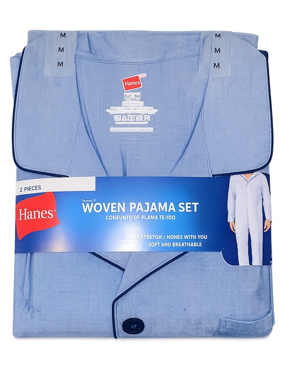 Hanes Other - Hanes Mens Pajama Set Size M Blue Stretch Woven Button Shirt Pants Sleepwear NWT